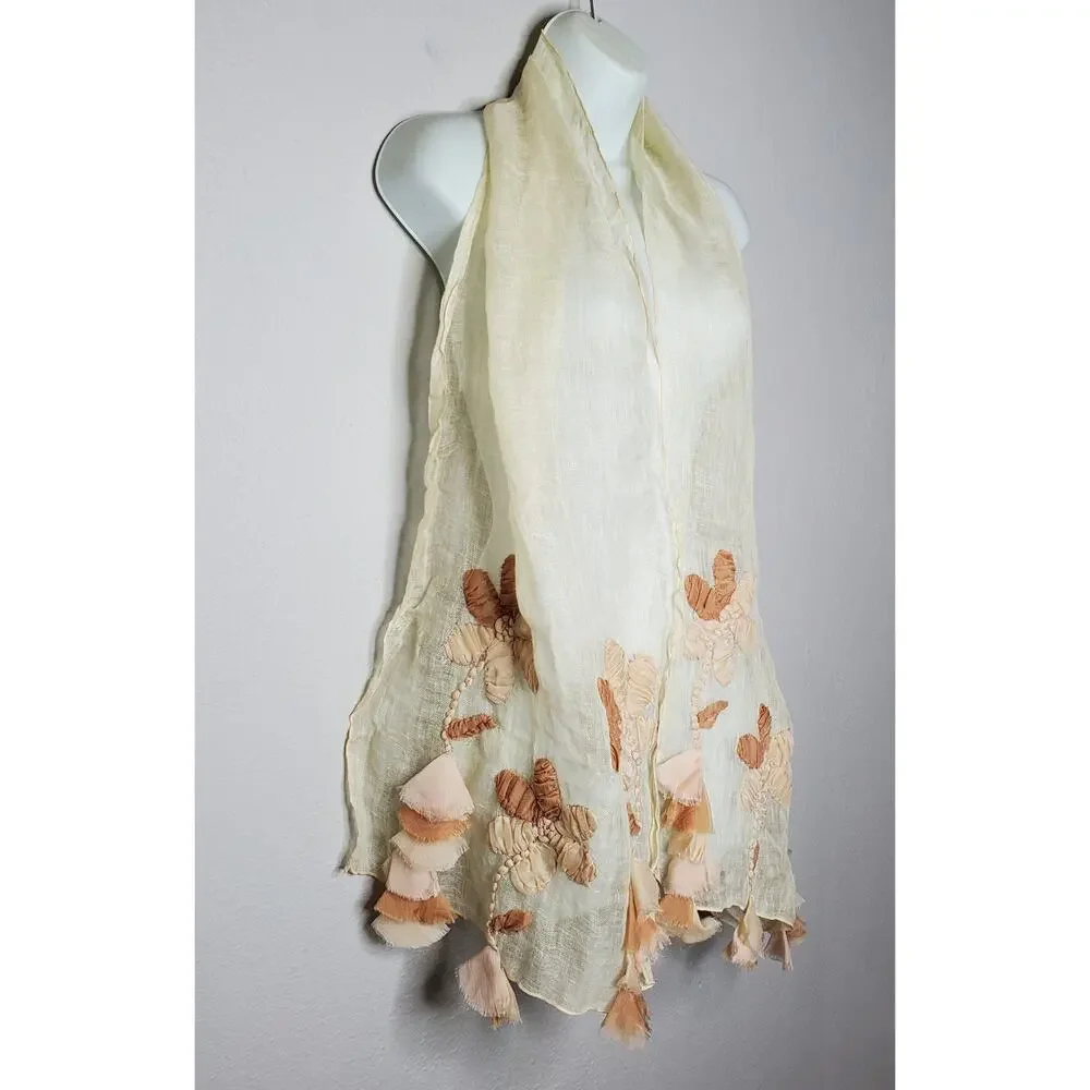 Unique Whimsical Linen Gauze Floral Applique Fringe Sheer Scarf Ethereal Earthy